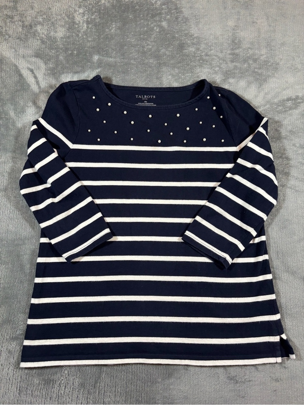 Talbots Navy & White Striped Long Sleeve Top with Pearl Accents 3/4 Sleeve